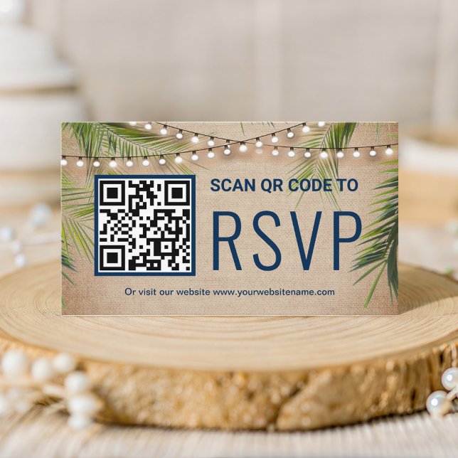 Rustikale Burlap Tropical Palm QR Code UAWG Weddin Begleitkarte (Von Creator hochgeladen)