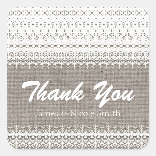 Rustikale Burlap- und elegante Spitzen-Gastgeschen Quadratischer Aufkleber (Vorderseite)
