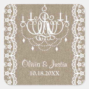 Rustikale Burlap- und Lace Chandelier Wedding Quadratischer Aufkleber