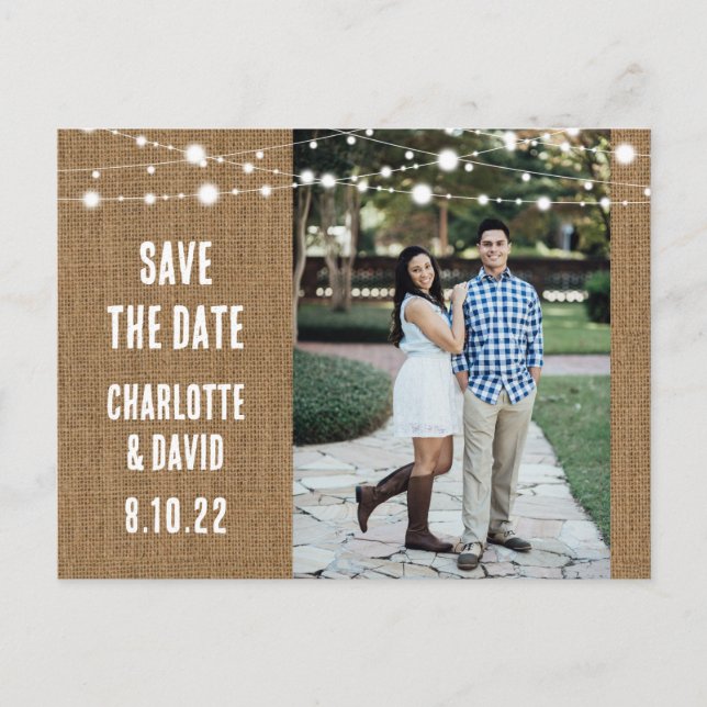 Rustikale Burlap Wedding Save the Date Foto Postca Ankündigungspostkarte (Vorderseite)