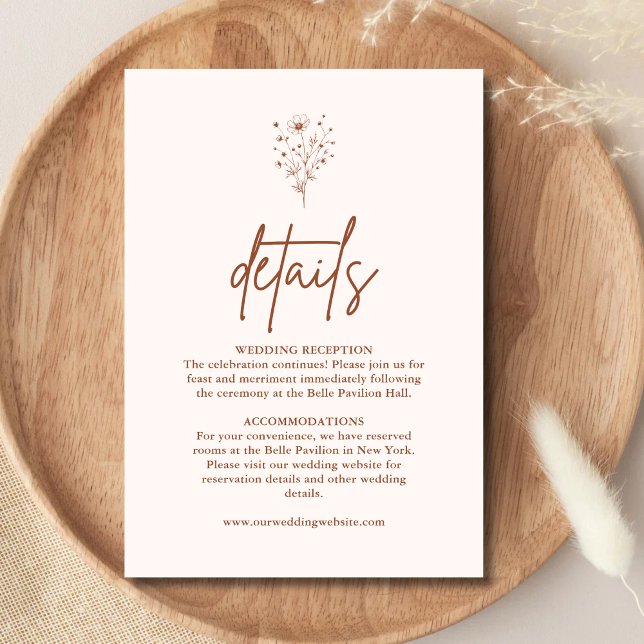 Rustikale Burnt Orange Boho Hochzeitdetails Begleitkarte (Rustic burnt orange boho details enclosure card organizes key info with warm personalized charm)