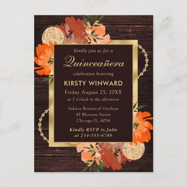 Rustikale Burnt Orange Fall Blume Quinceanera Postkarte (Vorderseite)