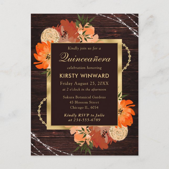 Rustikale Burnt Orange Fall Blume Quinceanera Postkarte (Vorderseite)