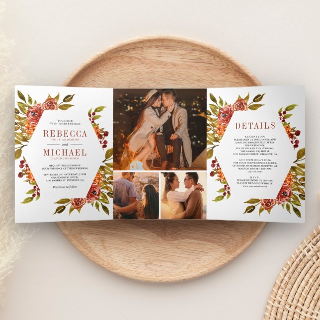 Rustikale Burnt Orange Foto Collage Wedding Dreifach Gefaltete Einladung (Von Creator hochgeladen)