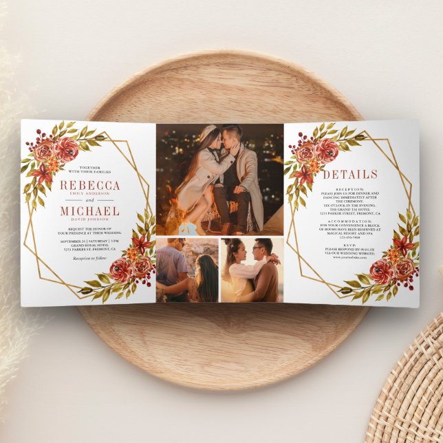 Rustikale Burnt Orange Geometric Frame Wedding Dreifach Gefaltete Einladung (Von Creator hochgeladen)