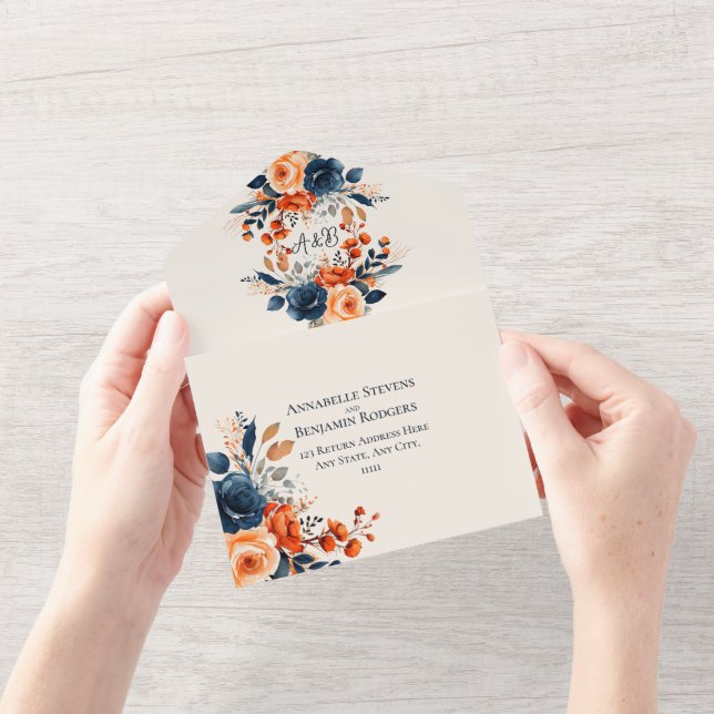 Rustikale Burnt Orange- und Blue Floral Wedding All In One Einladung (Eröffnung)