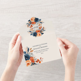 Rustikale Burnt Orange- und Blue Floral Wedding All In One Einladung