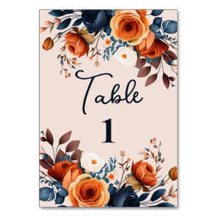 Rustikale Burnt Orange und Blue Wedding Rezeption Tischnummer