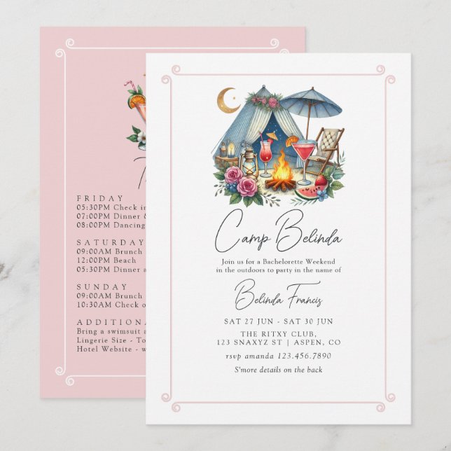 Rustikale Campbrücke Bachelorette Wochenende Einladung (Vorne/Hinten)