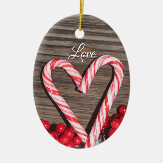 Rustikale Candy Cane Herz Liebe Personalisiert Keramik Ornament (Vorne)