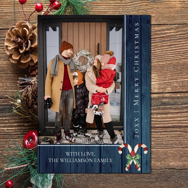 Rustikale Candy Canes Weihnachten | Blue Foto Card (Blue Rustic Candy Canes Christmas Photo Card)