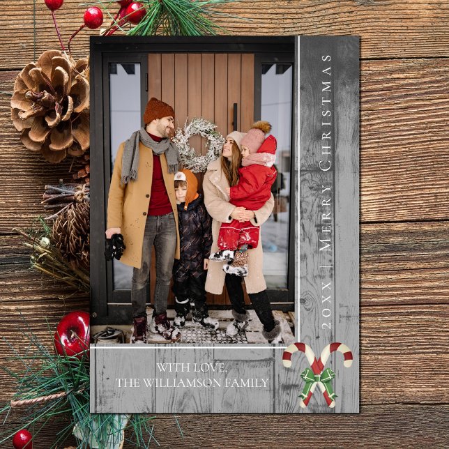 Rustikale Candy Canes Weihnachten | Graue Fotokart (Gray Rustic Candy Canes Christmas Photo Card)