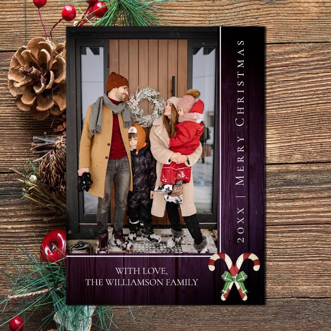 Rustikale Candy Canes Weihnachten | Lila Fotokarte (Purple Rustic Candy Canes Christmas Photo Card)