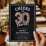 Rustikale Chalkboard Rose Gold Balloons 30. Geburt Einladung<br><div class="desc">Feiern Sie mit 30! Dieses Party lädt zum 30. Geburtstag mit dem Titel "Cheers to 30 Years!" ein. Mit einem rustikalen Chalkboard-Hintergrund,  Rose Gold Nummer dreißig Helium-Ballons,  trendige weiße Typografie und eine einfache Geburtstagsgeschenk-Vorlage,  die leicht zu anpassen ist.</div>