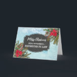 Rustikale Chalkboard-Tochter im Gesetz frohe Weihn Karte<br><div class="desc">Frohe Weihnachten für Tochter in der Rechtskarte mit rustikalem Kalkbrettmuster und winterliche Blätter mit Poinsettias.</div>