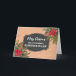 Rustikale Chalkboard-Tochter im Gesetz frohe Weihn Karte<br><div class="desc">Frohe Weihnachten für Tochter in der Rechtskarte mit rustikalem Kalkbrettmuster und winterliche Blätter mit Poinsettias.</div>