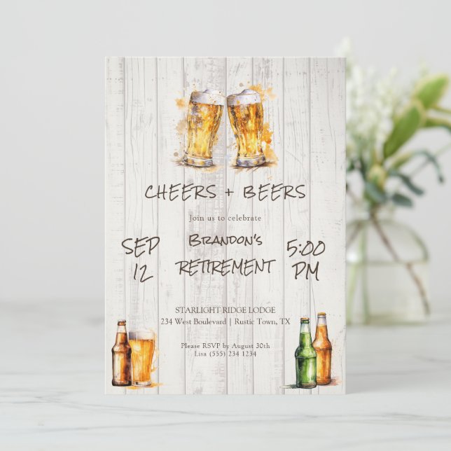 Rustikale Cheers und Beers-Ruhestandsfeier Einladung (Stehend Vorderseite)