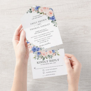 Rustikale Chic Blush Blues Blütengrün Hochzeit All In One Einladung