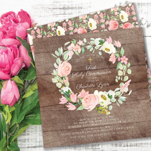 Rustikale Chic Blush Pink Floral Erste Kommune Einladung