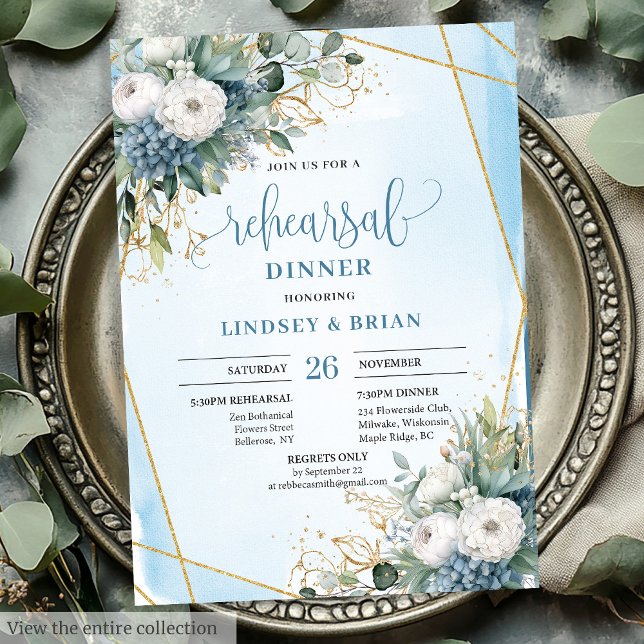 Rustikale Chic Dusty Blue Greenery Gold Probe Einladung (Rustic Chic Dusty Blue Greenery Gold Rehearsal Invite)