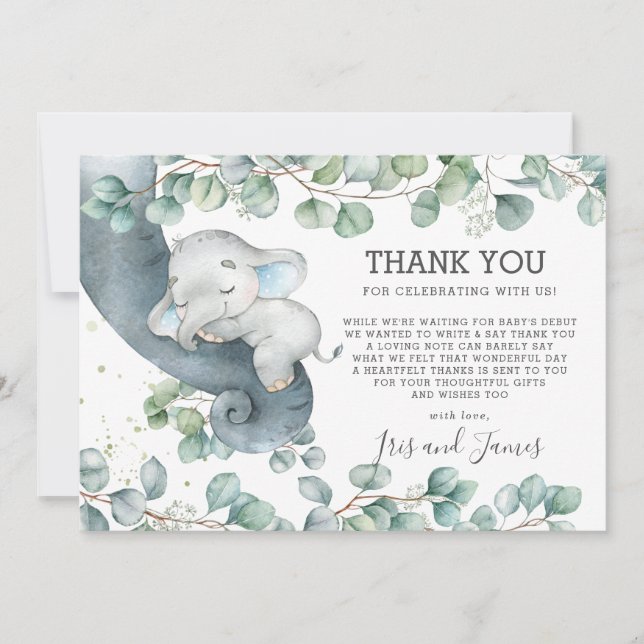 Rustikale Chic Greenery Elephant Baby Shower Boy Dankeskarte (Vorderseite)