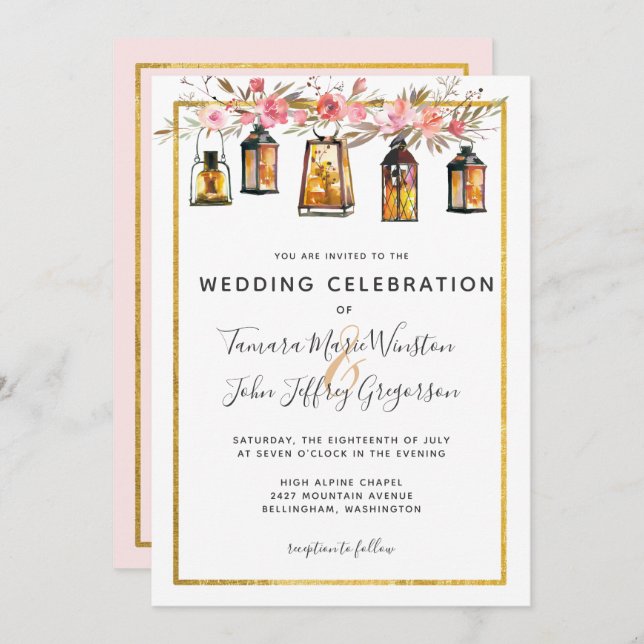 Rustikale Chic Lanterns Rose Gold Floral Wedding Einladung (Vorne/Hinten)