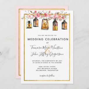 Rustikale Chic Lanterns Rose Gold Floral Wedding Einladung