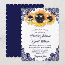 Rustikale Chic Navy Blue Lace Sonnenblume Hochzeit Einladung