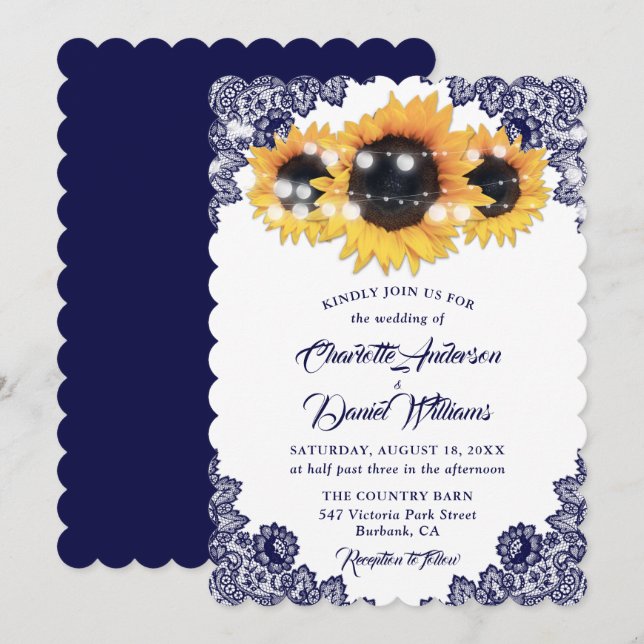 Rustikale Chic Navy Blue Lace Sonnenblume Hochzeit Einladung (Vorne/Hinten)
