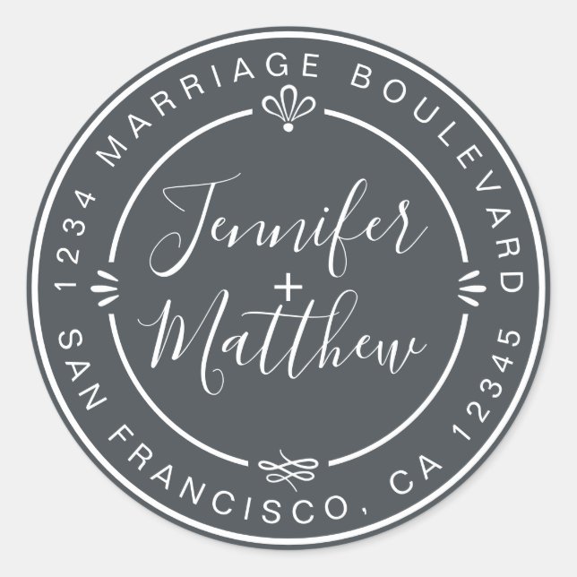 Rustikale Chic Wedding Rücksendeadresse Off-Black Runder Aufkleber (Vorderseite)