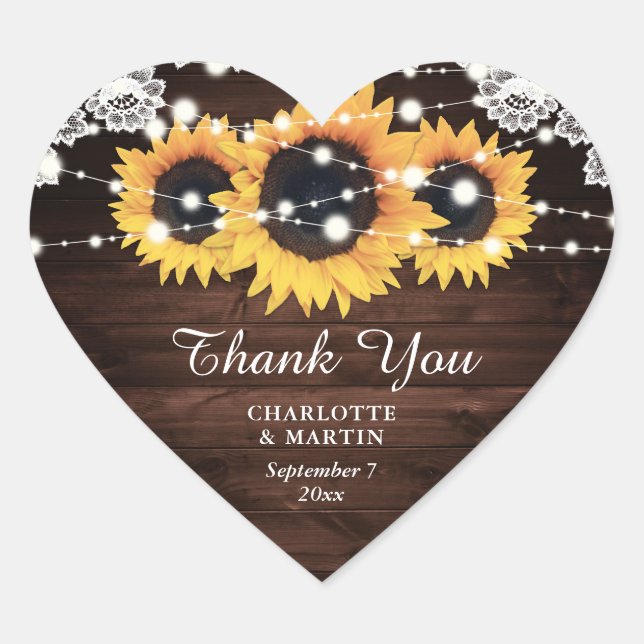 Rustikale Chic Wood Lace Sonnenblume Hochzeit Herz-Aufkleber (Vorderseite)