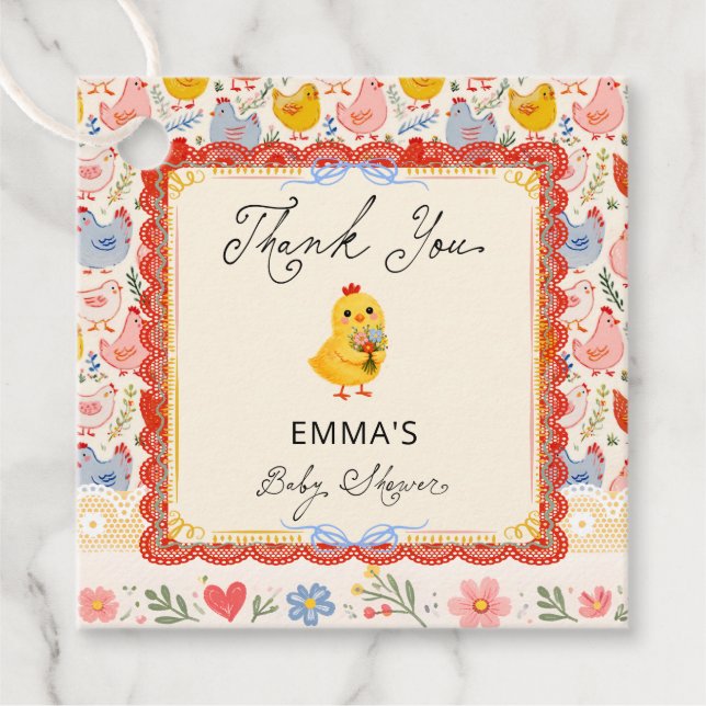 Rustikale Chicken Baby Shower Dankeschön Geschenkanhänger (Vorderseite)