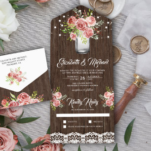 Rustikale Cinnamon Rose Floral Mason Jar Wood Wedd All In One Einladung