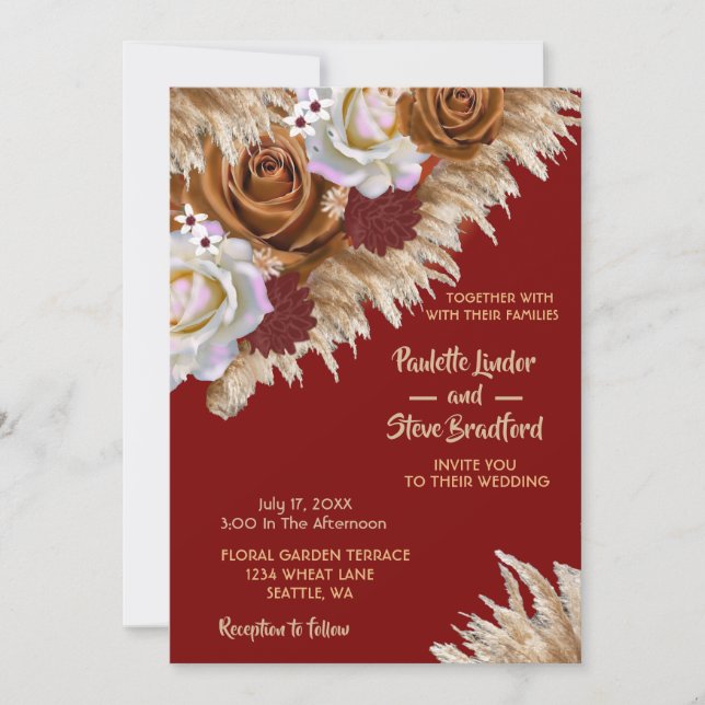 Rustikale Cinnamon Rose Wildblume Burgundy Wedding Einladung (Vorderseite)