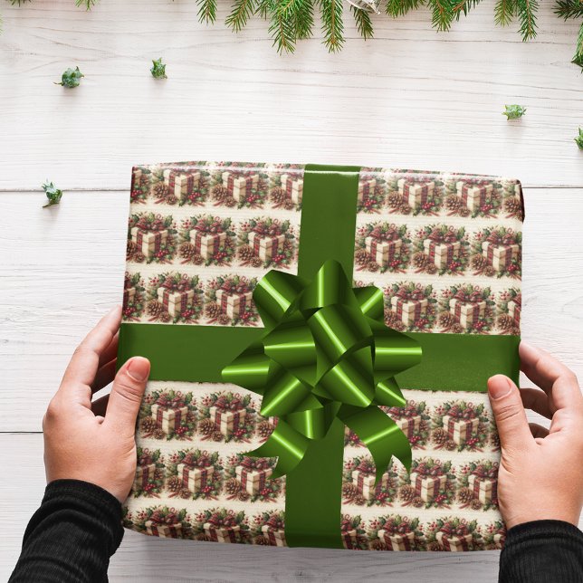 Rustikale Coquette Kariert Bow Holly Pinecone Geschenkpapier (Von Creator hochgeladen)