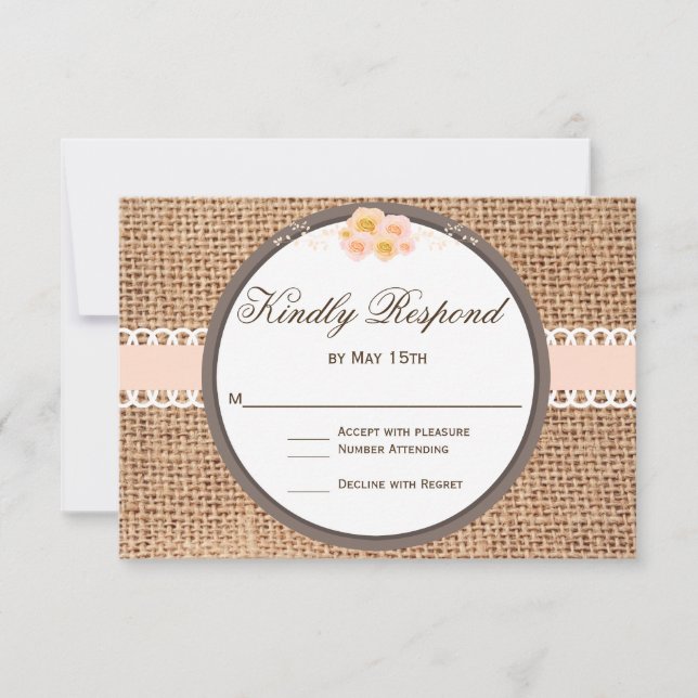 Rustikale Country Blush Burlap Wedding RSVP Karten (Vorderseite)