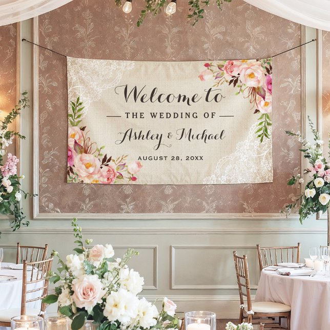 Rustikale Country Burlap Lace Floral Wedding Party Banner (Von Creator hochgeladen)