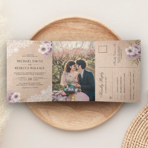 Rustikale Country Burlap Lace Pink Floral Wedding Dreifach Gefaltete Einladung