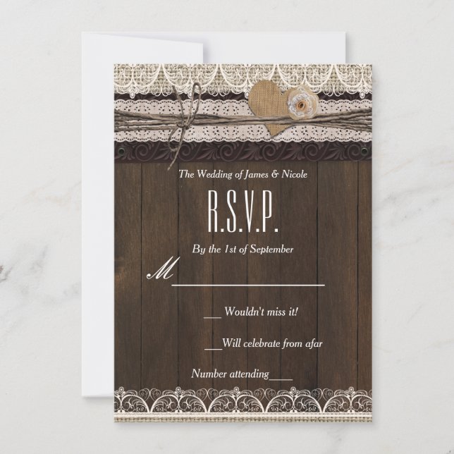 Rustikale Country Burlap Lace & Wood RSVP Karte (Vorderseite)