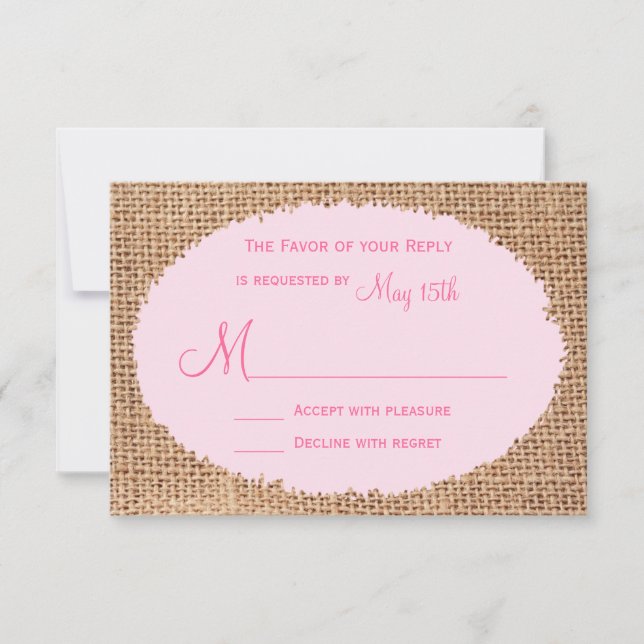 Rustikale Country Burlap Pink Wedding RSVP Karten (Vorderseite)
