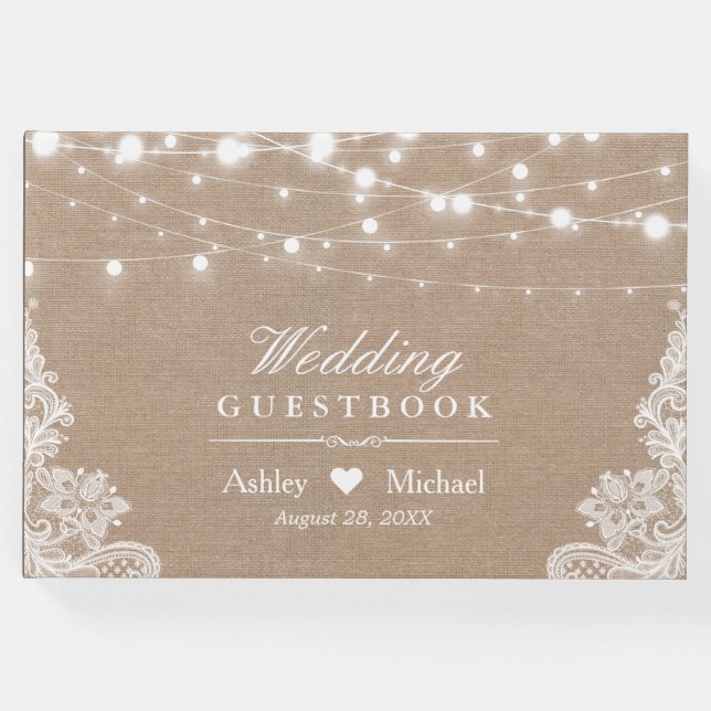 Rustikale Country Burlap-Streichellichter Hochzeit Gästebuch (Vorderseite)