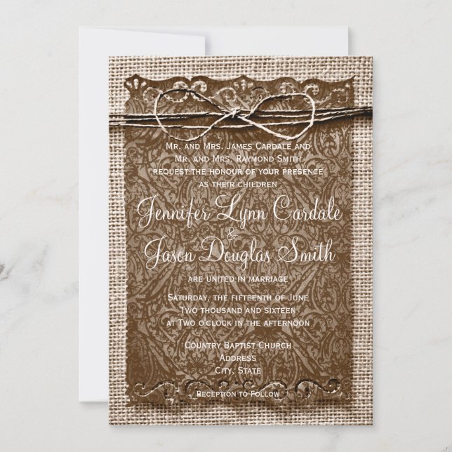 Rustikale Country Burlap Twine Scroll Hochzeit Ein Einladung (Vorderseite)