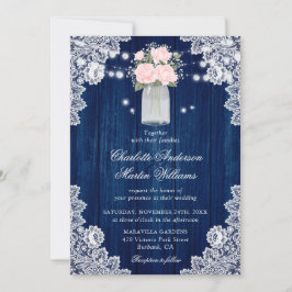 Rustikale Country Navy Blue Blush Wood Lace Weddin Einladung