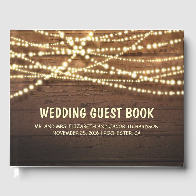 Rustikale Country String Lights Barn Wood Wedding Gästebuch (Vorderseite)