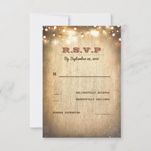 Rustikale Country String Lights Hochzeit RSVP Card (Vorderseite)