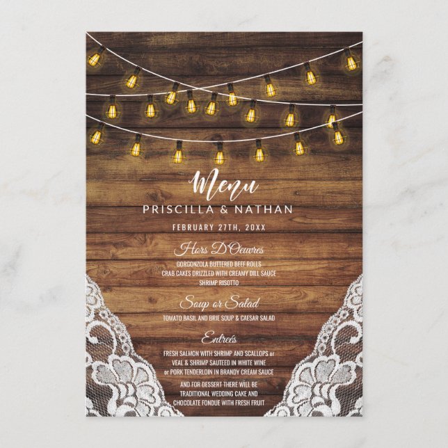 Rustikale Country String Lights Wood Lace Wedding Menükarte (Vorderseite)