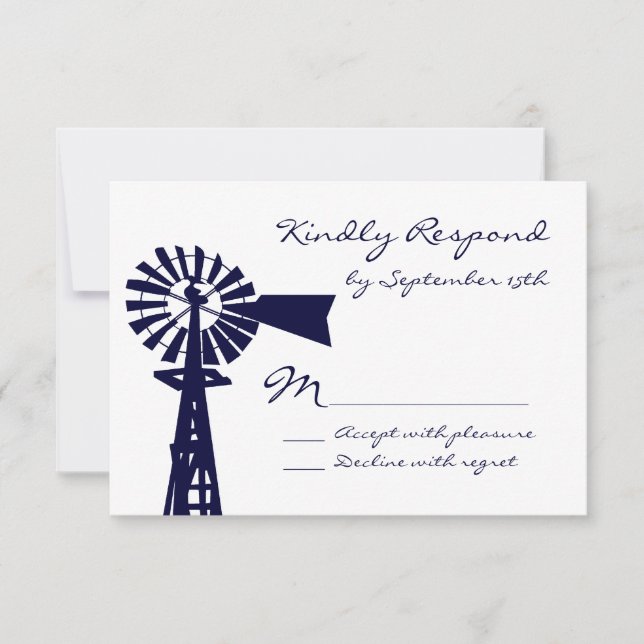 Rustikale Country Windmill Navy Wedding RSVP Karte (Vorderseite)