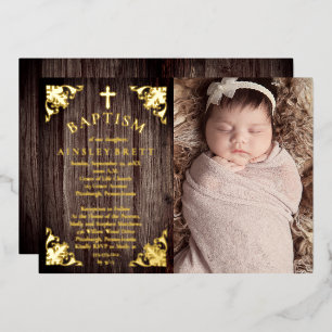 Rustikale Country Wood Baby Girl Foto Taufe - Gold Folieneinladung
