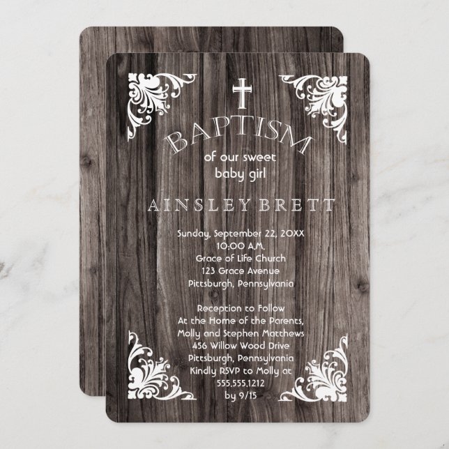 Rustikale Country Wood Baby Girl Taufe Einladung (Vorne/Hinten)