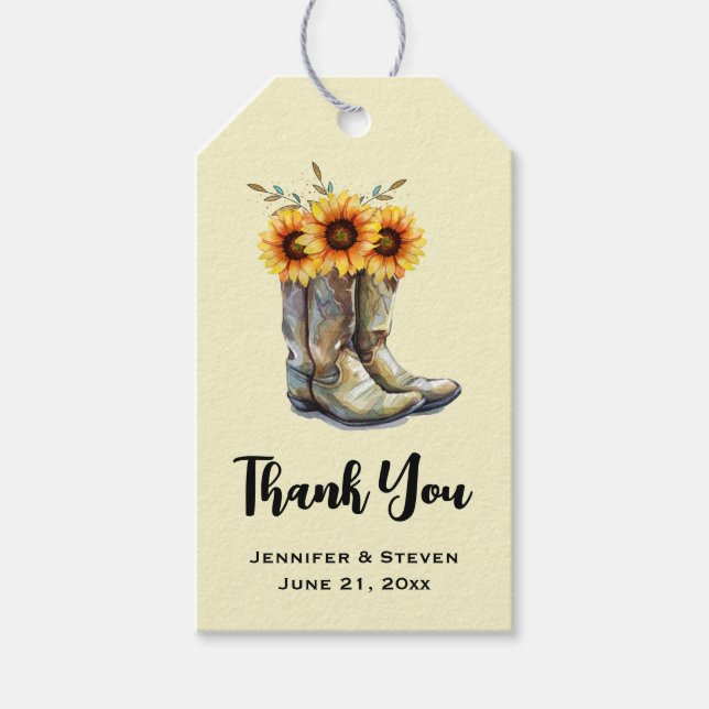 Rustikale Cowboy Boots mit Sonnenblumen Danke Geschenkanhänger (Vorderseite)